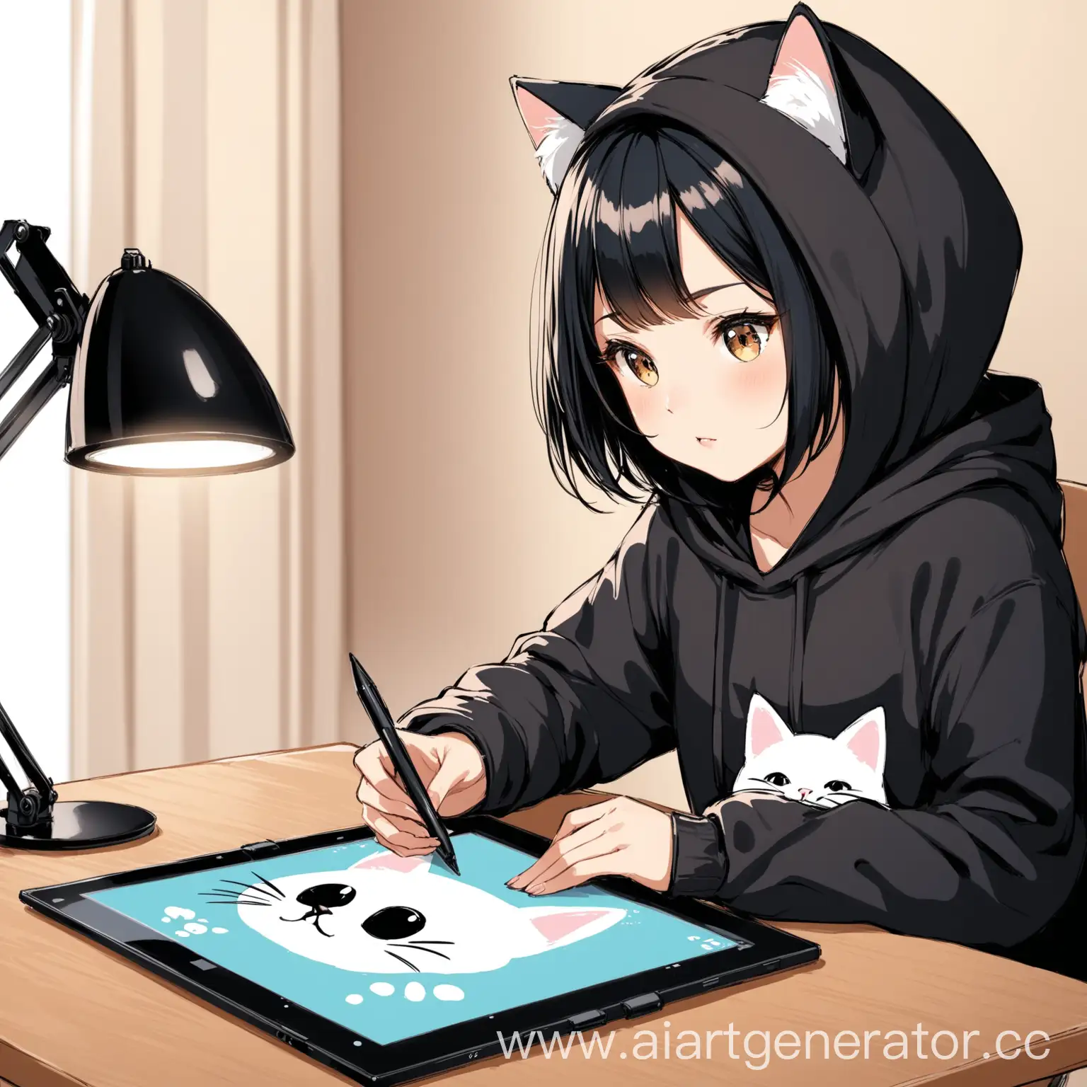 Young-Girl-Drawing-Cat-on-Tablet-with-Hooded-Sweater