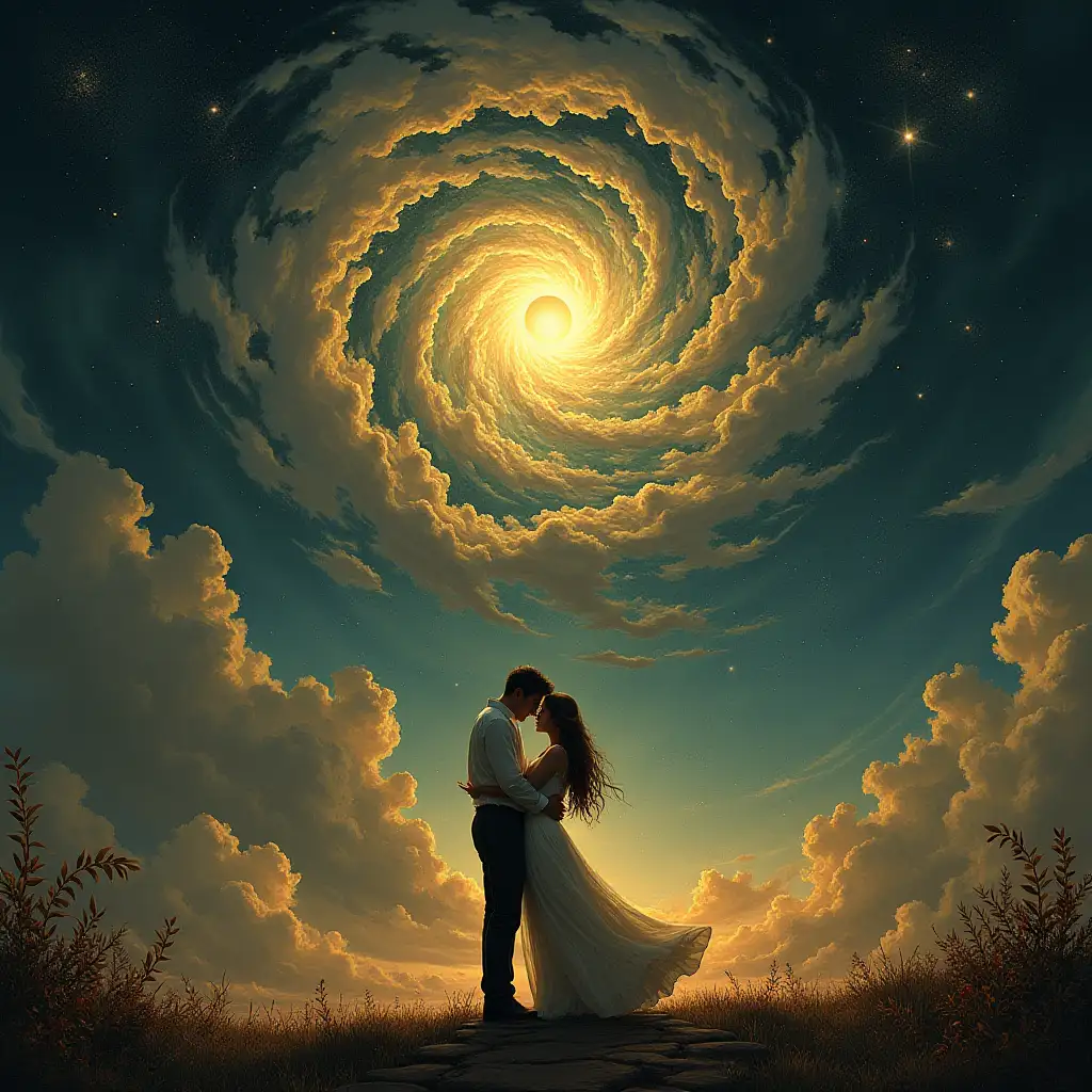 a couple embracing under a surreal sky with swirling clouds and celestial bodies highly detailed intricate patterns reminiscent of alphonse mucha and greg ruth with elements of romanticism and fantasy blending dark tones with warm glowing highlights giving a dramatic and ethereal atmosphere