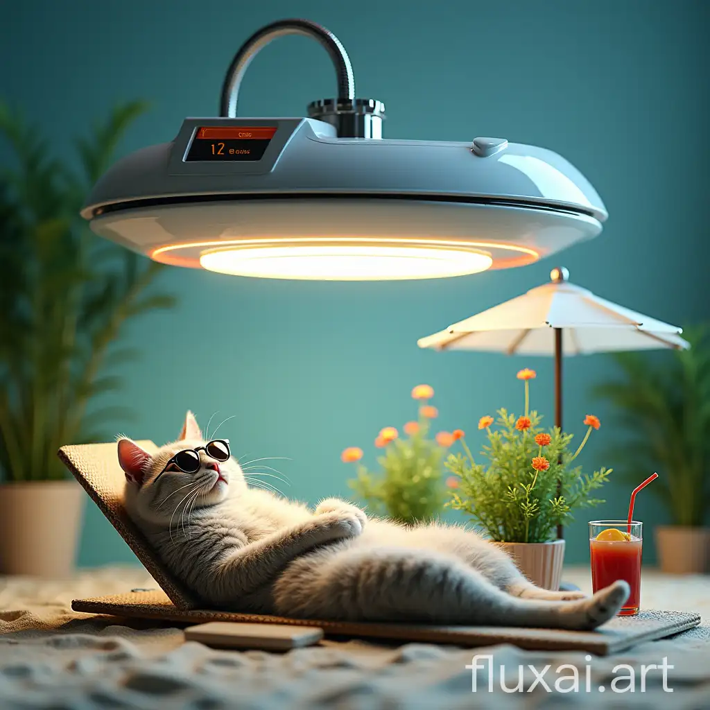 A humorous scene of a cat with normal silver cat hair lying down belly up and relaxed under a prominently featured high-tech hydroponic system, resembling a human sunbathing at a beach. The cat is on a tiny beach chair with sunglasses, a tiny umbrella, and a drink with a straw beside it. The high-tech hydroponic system above, with its sleek, modern design, advanced machinery, and glowing lights, provides artificial sunlight. Vibrant plants are growing in sophisticated water pods around the cat. The scene emphasizes the contrast between the advanced hydroponic technology and the cat's comically relaxed beach-like setting.