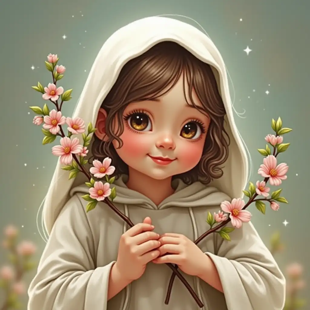 image of a happy little veiled girl with a flower branch