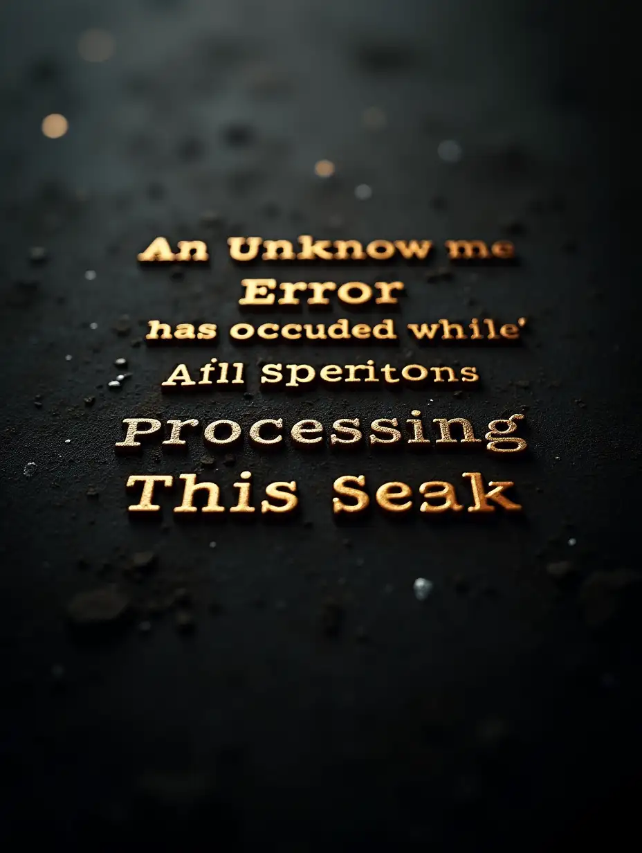 Embossed golden text in bold letters of different size distributed in 6 lines as follows: in the first line text 'AN', in the second line text 'UNKNOWN', in the third line text 'ERROR', in the fourth line text 'HAS OCCURED WHILE', in the fifth line text 'PROCESSING', in the sixth line text 'THIS TASK', on dark graphite background. Slightly shimmering text. blurry dusty graphite. ultra-sharp, dramatic lighting. perfect rendering.