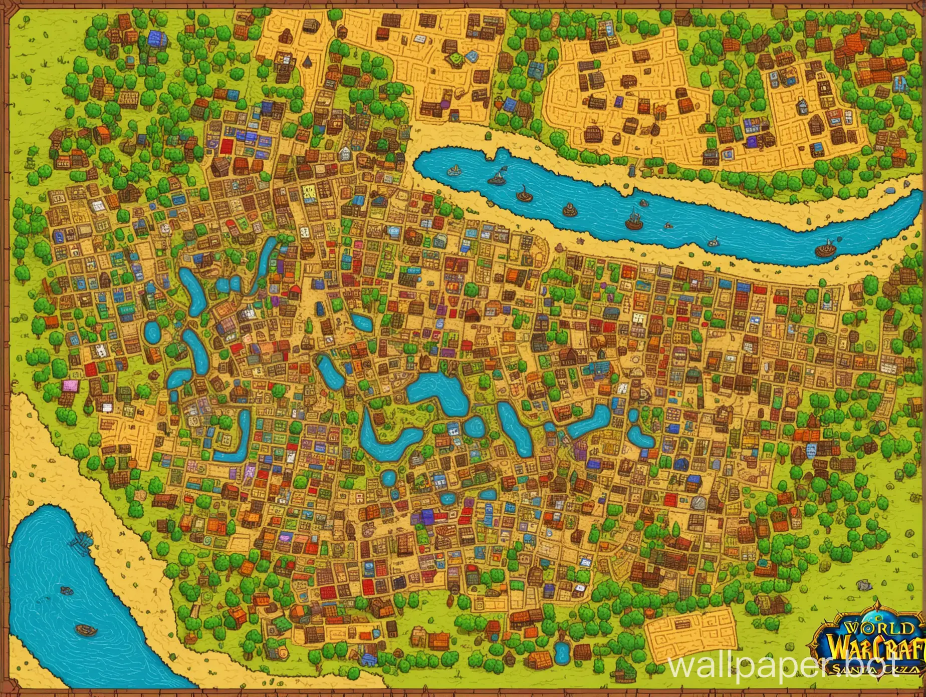 2d hand drawn anime colorful top down videogame map of settlement in 1619 santa fe de la vera cruz city in argentina, 6 x 9 square street grid, indigenous population, riverside, litoral setting, world of warcraft rumble map style, arcade colors and konami style