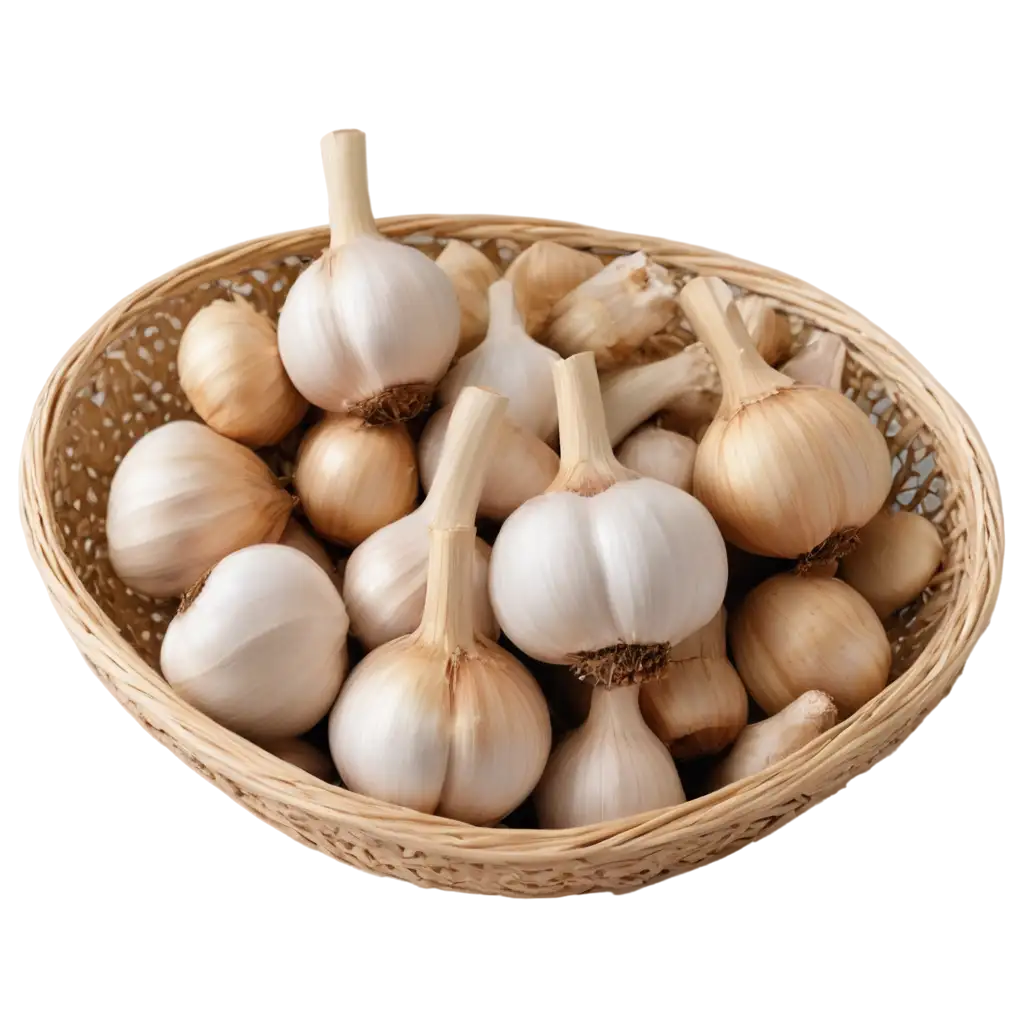 generate an image of some garlic bulbs and garlic cloves in a basket