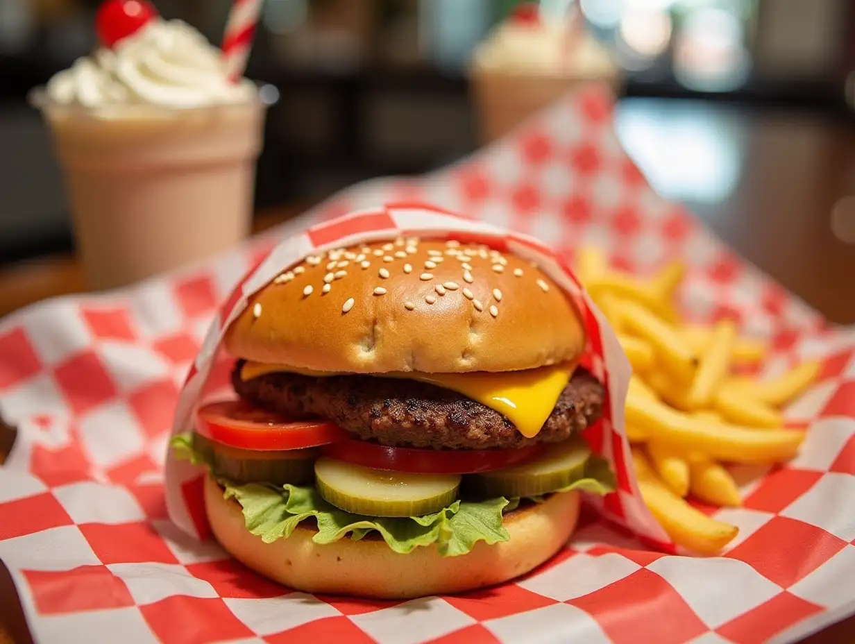 Classic American Diner Ingredients: Angus beef patty, American cheese, lettuce, tomato, pickles, red onion, ketchup, and mustard on a sesame seed bun. Presentation: Wrap in red-and-white checkered wax paper, paired with crinkle-cut fries and a milkshake topped with whipped cream and a cherry.