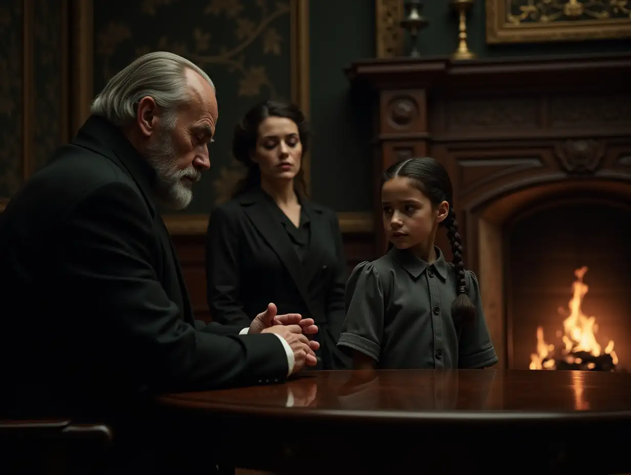 A dark and atmospheric scene set in the lavish yet somber interior of a wealthy Victorian house. The room is dimly lit by the flickering glow of a fireplace,casting dramatic shadows on the dark,intricate wallpaper and heavy furnishings., At a polished wooden table sits a stern gentleman of about 50 years,dressed impeccably in black clothes. His posture is rigid,his back straight as if carved from stone. His gray,inquisitorial eyes peer out from beneath bushy eyebrows,and his chiseled face wears an expression of severe primness. He exudes an aura of authority and discipline., Standing in front of him is a thin,timid girl of 10 years,dressed in a simple gray house dress. Her dark hair is neatly braided,and she looks small and fragile under the intense scrutiny of the man., To the side,near the lit fireplace,sits a woman of 36 years in a stately lady’s house dress. She is of solid build,with square shoulders and a low forehead. Her wide face is marked by a heavy,protruding chin and a slightly protruding lower jaw,giving her an imposing presence. Her flaxen hair is neatly styled,and her coarse,dark skin reflects the firelight. She gazes at the girl with a cold,merciless expression,her thin lips curled in subtle disgust., The mood is tense and oppressive,filled with unspoken conflict and layered dynamics among the characters,brought to life by the richly detailed Victorian setting.