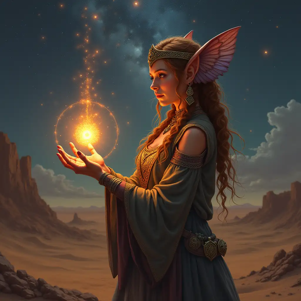 in the Oasis of the Enchanted Eclipse in the desert of Tyrania, a beautiful female halfling druid holds a sacred amulet up to the stars, attuning it to herself while the sacred energies of the universe bathe it in cosmological essence