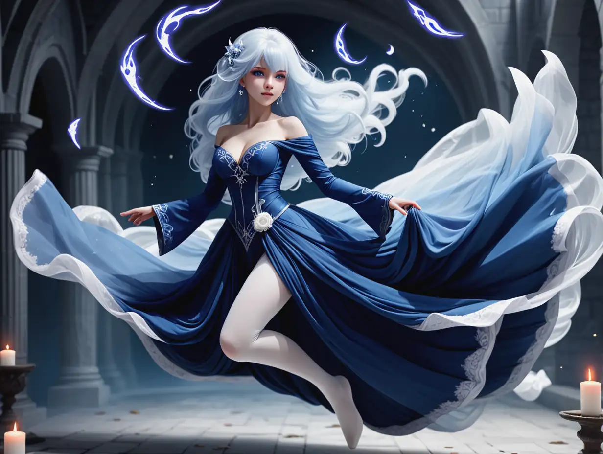 Floating sorceress, blue wedding dress, white hair, 8k, full body, floating dress, wind magic, white tights, 1360X2048