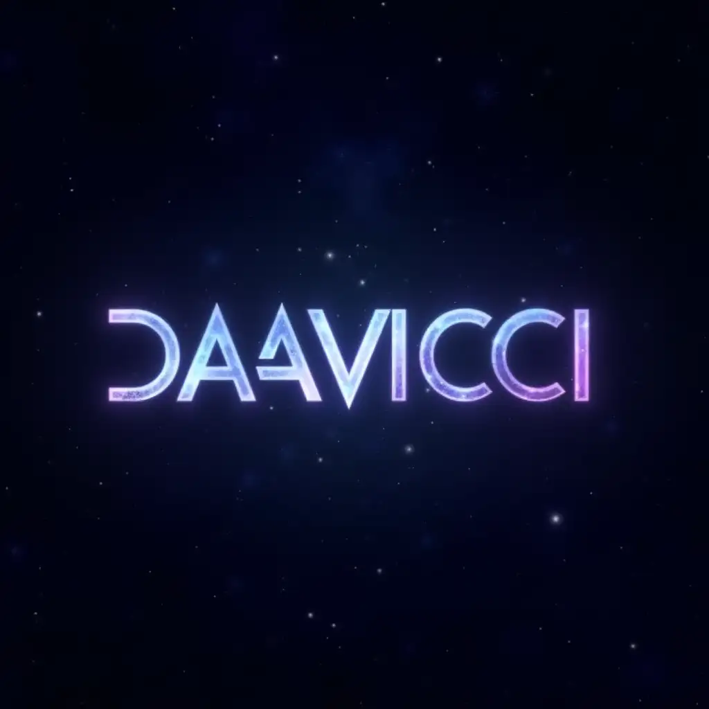 A bold and futuristic text graphic with the words ‘DAAVIICI – DAAVIICI MUSIC’. The text should glow softly in shades of blue and purple, with a dark outer space background filled with faint stars and nebulae.