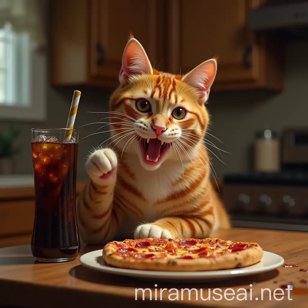 Realistic Cat Women Eating Pizza in Kitchen with Big Cola