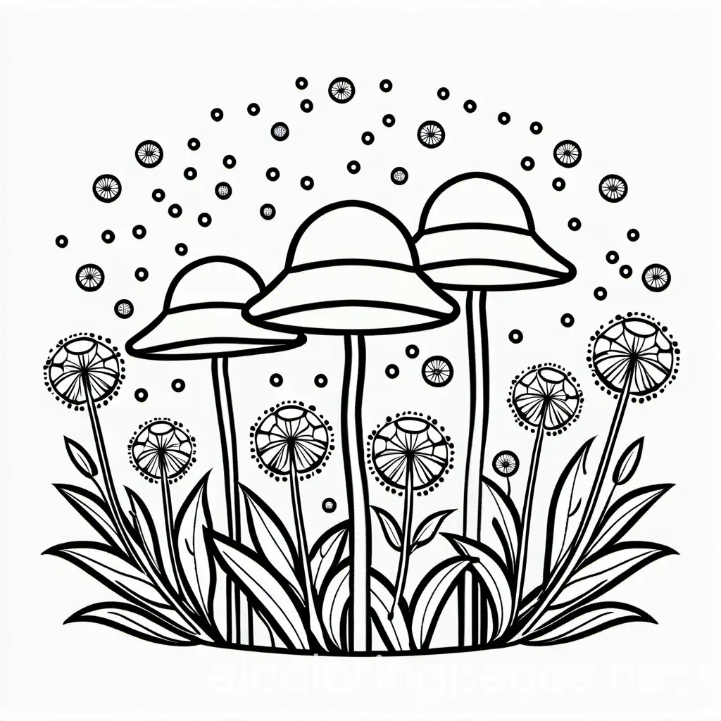 coloring page, dandelions with hats, Coloring Page, black and white, line art, white background, Simplicity, Ample White Space. The background of the coloring page is plain white to make it easy for young children to color within the lines. The outlines of all the subjects are easy to distinguish, making it simple for kids to color without too much difficulty