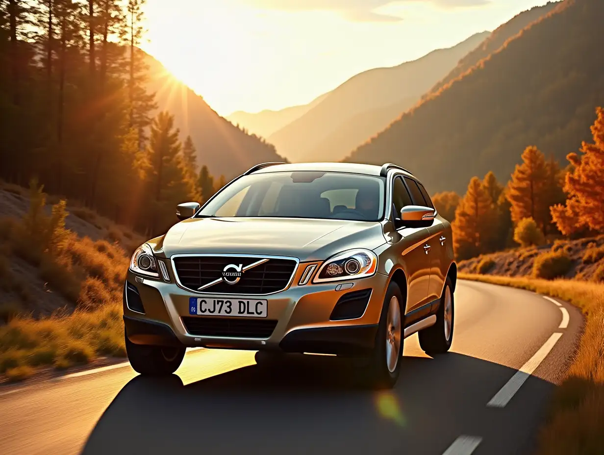 volvo xc60model2009 with number plate (CJ73DLC), gold/maro colour. This auto running into wonderful valley, autumn with sun