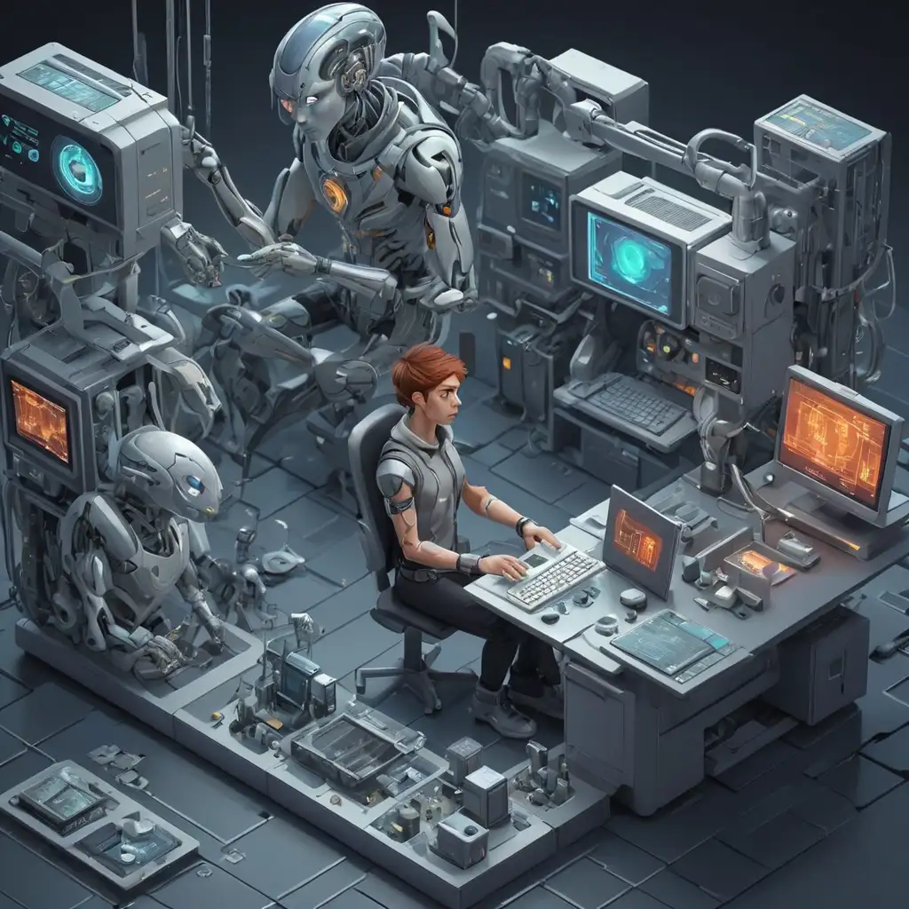 A futuristic isometric scene depicts a creative developer with a cyborg appearance automating revolutionary finance processes.