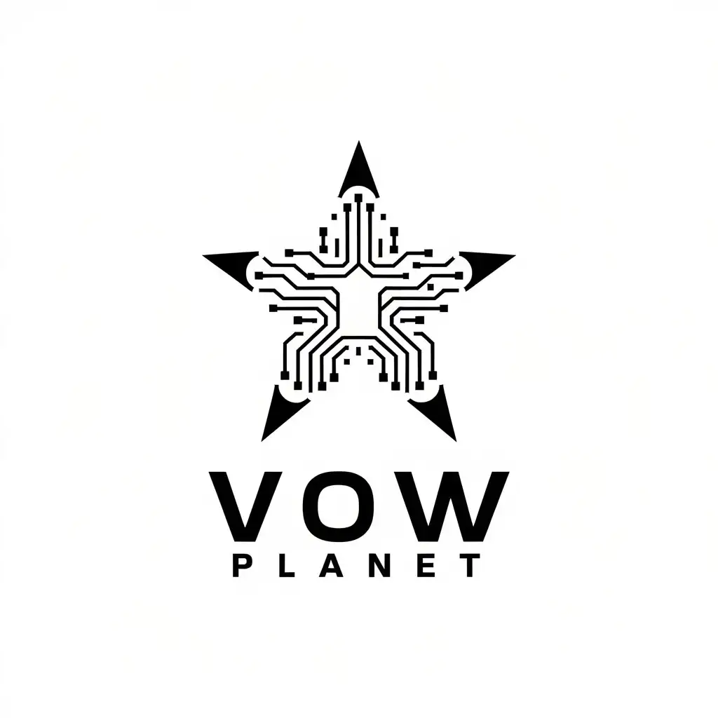 a vector logo design,with the text "Vow Planet", main symbol:Lifeshanqiu is a technologically powerful digital empowerment platform, through the mother star, all sub-stars can get empowerment from the mother star's technology tools. Therefore, a logo design that represents future science and technology is needed, with energy of realizing wishes.,complex,be used in Technology industry,clear background