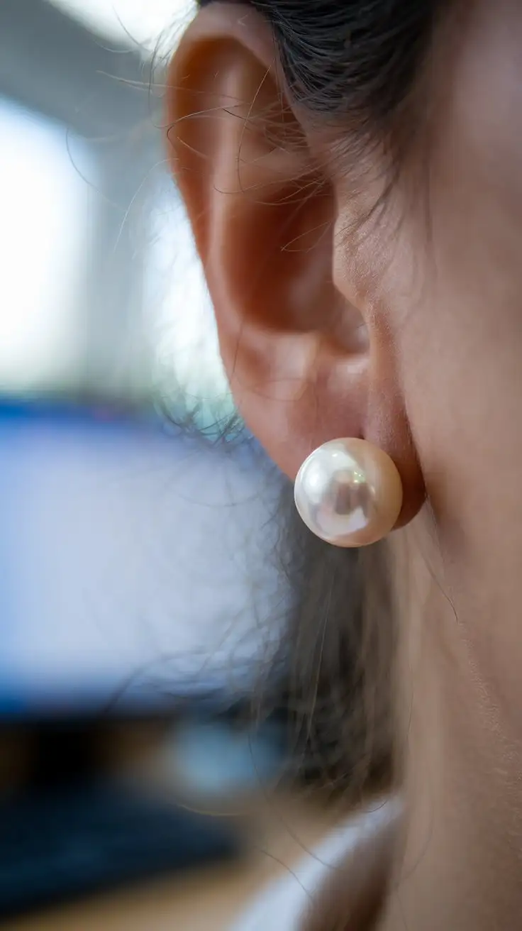 Macro-Shot-of-Lustrous-White-Pearl-Stud-Earrings-on-Human-Earlobe-with-Office-Background