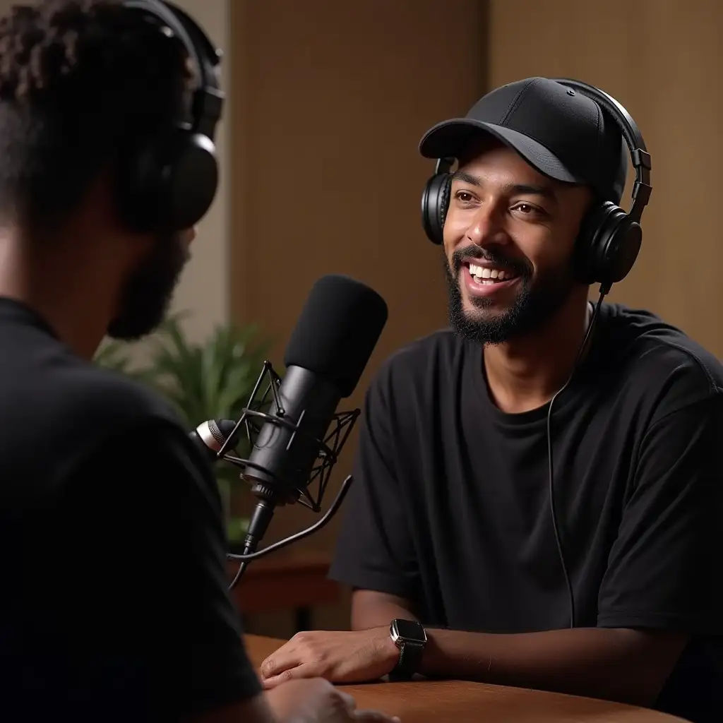 a cool podcaster, in a studio, interviewing African American guy, wear cap, short beard, black shirt, handsome