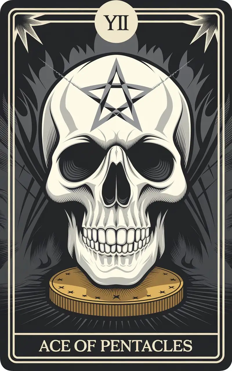 Tarot Card Ace of Pentacles with Skull Theme and Typography