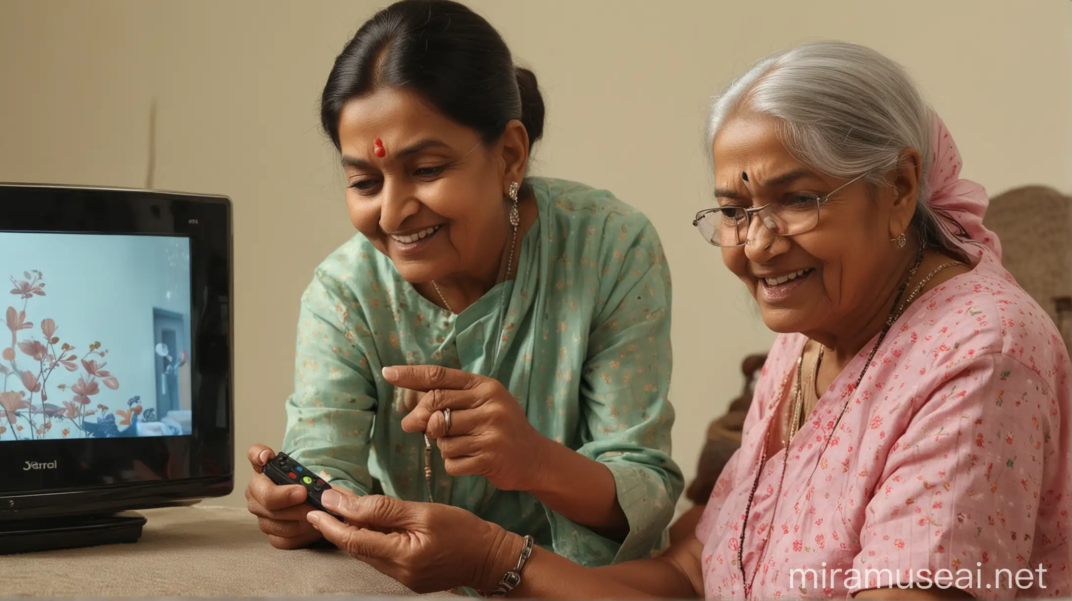 Indian Young Woman Teaching Elderly Woman Voice Assistant TV Remote Activation