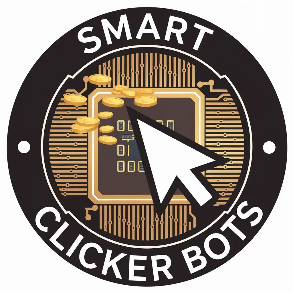 LOGO Design for Smart Clicker Bots Golden Mouse Cursor Processor with Flying Coins in Round Shape