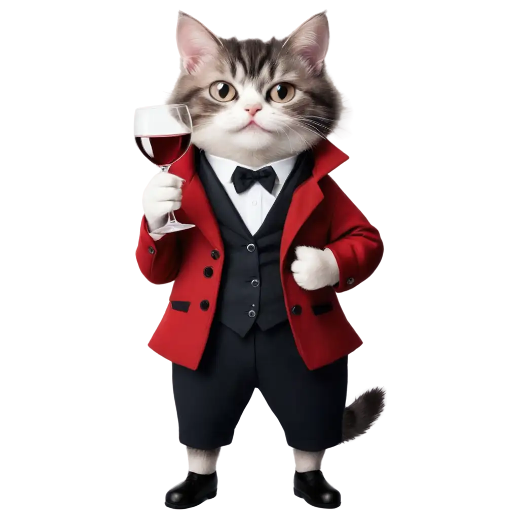 Evil-Vampire-Cat-PNG-with-Red-Coat-and-Wine-Glass-HighQuality-Black-and-White-Artwork-for-Unique-Design-Projects