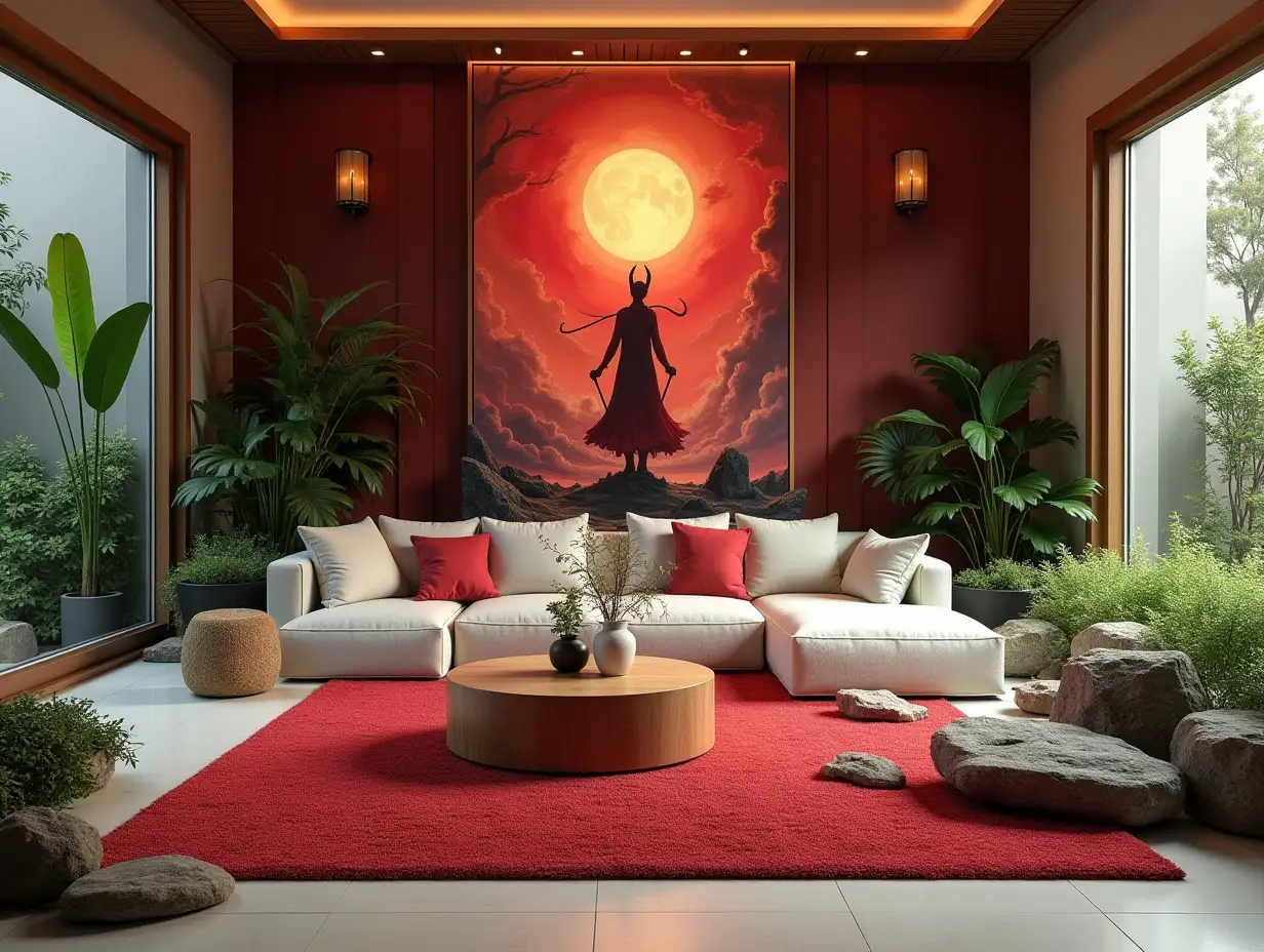 Large modern living room with Springbunny red,white carpet,lighting with furniture very many plants with Demon Slayer image on the wall Zen-Garden with carefully tended rocks, a meditative 180 degrees shot 8K resolution Vibrant