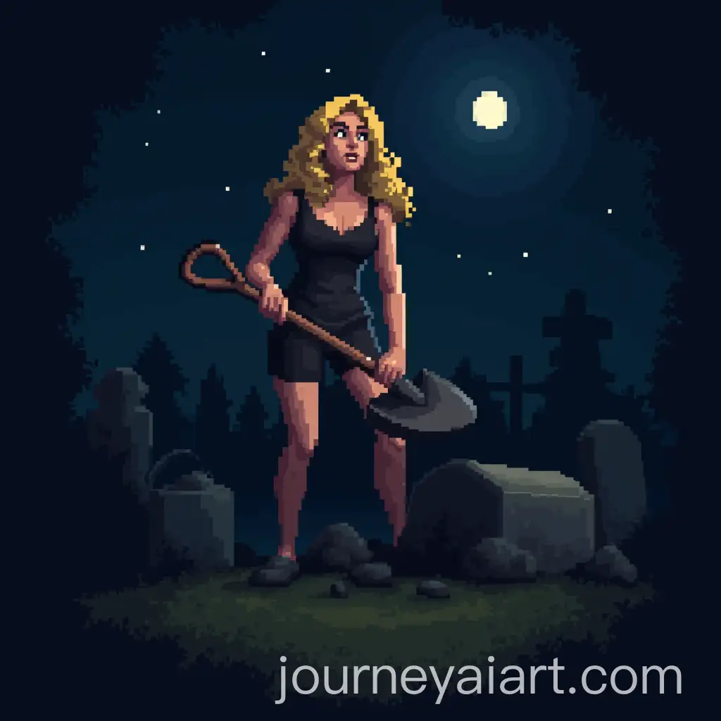 Blonde-Woman-Digging-Grave-with-Shovel-in-Cemetery-at-Night