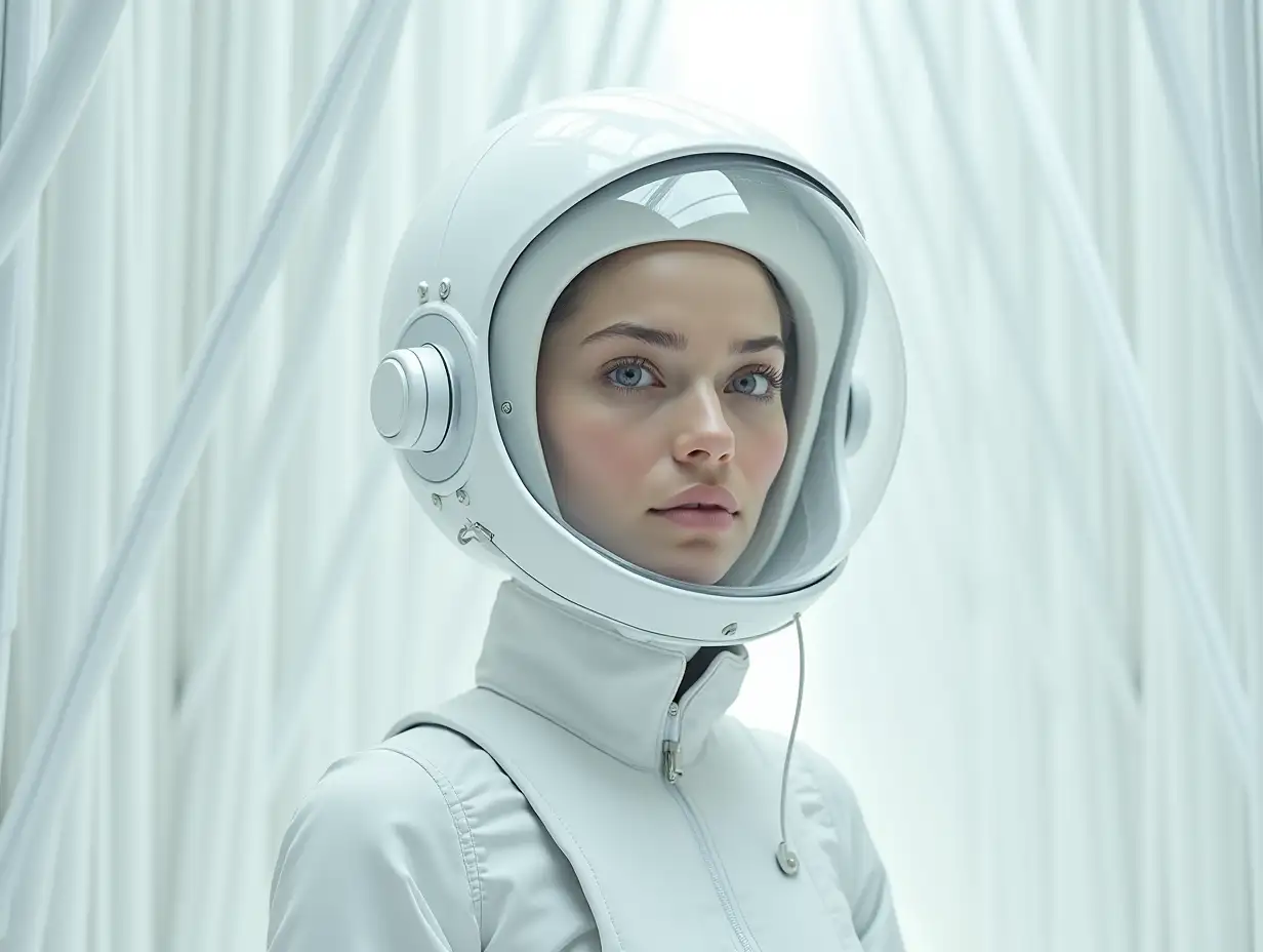 A white room, white porcelain cables hanging from the porcelain wall, a woman with a white porcelain helmet, with round glass screens at the eyes, with wiring, she has a spacesuit