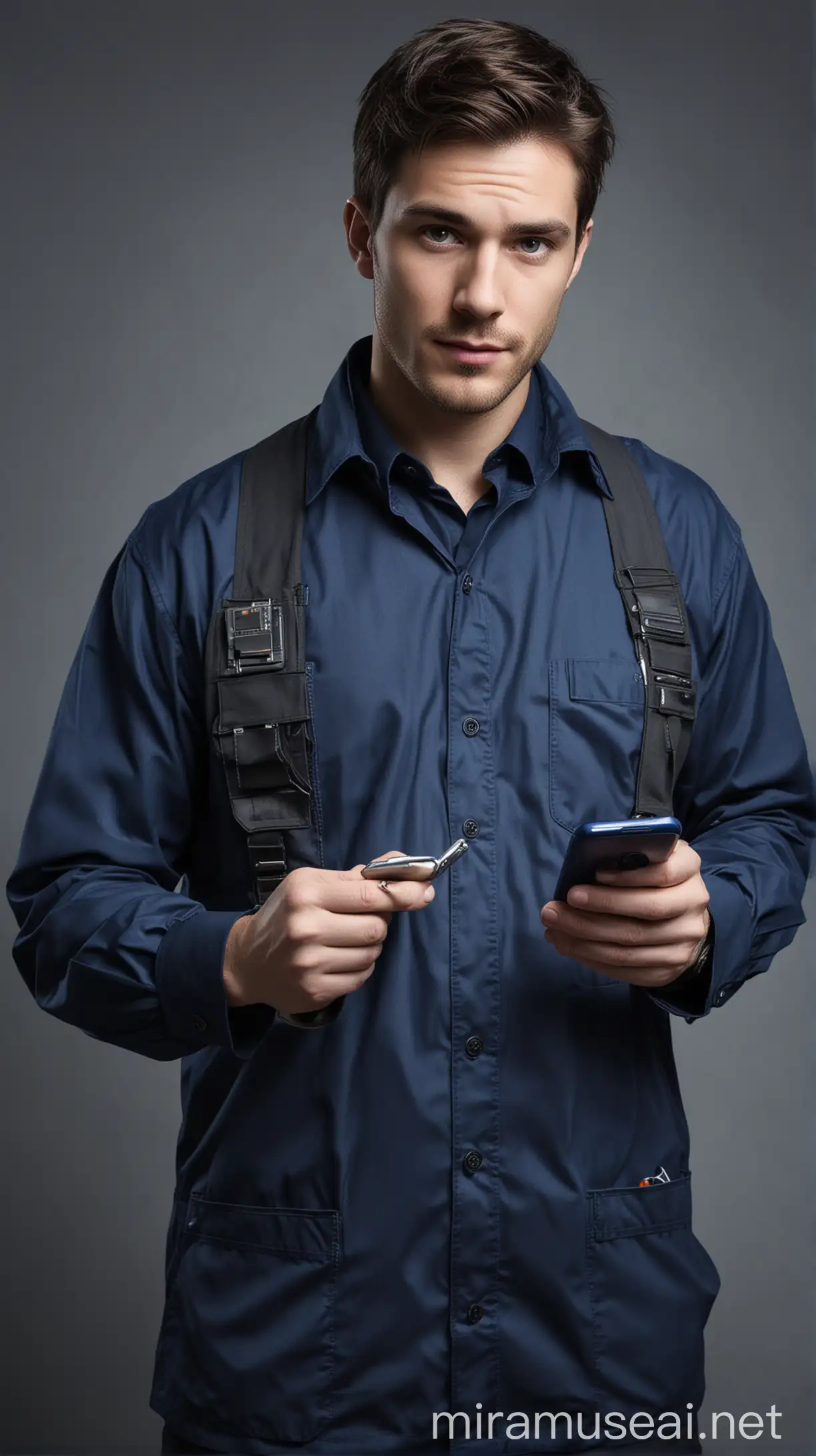 Professional Phone Repairman in Dark Blue Work Outfit