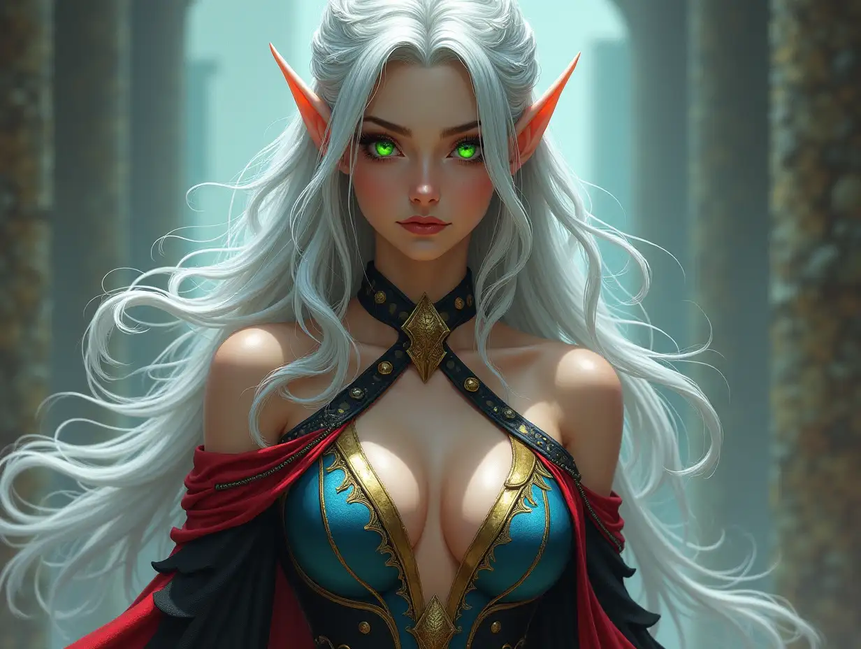 Imagine an elven lady with ethereal beauty: flowing silver hair, glowing green eyes, and elegant, revealing attire with gold and blue accents. Her presence is both graceful and commanding, exuding an air of confidence and allure. Her attire features striking red and black elements, adding a touch of boldness to her enchanting appearance.