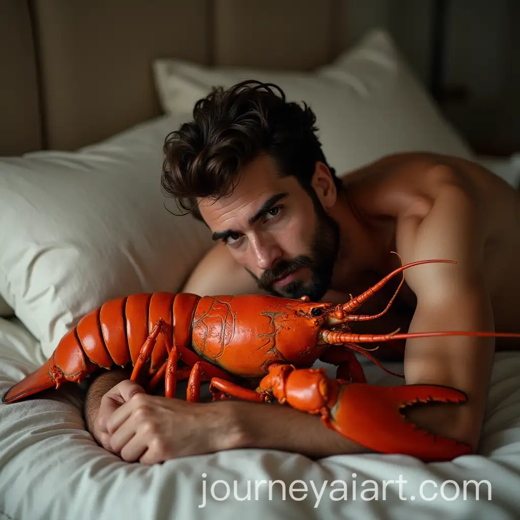 Handsome-Man-Cuddling-a-Giant-Lobster-on-a-Cozy-Bed