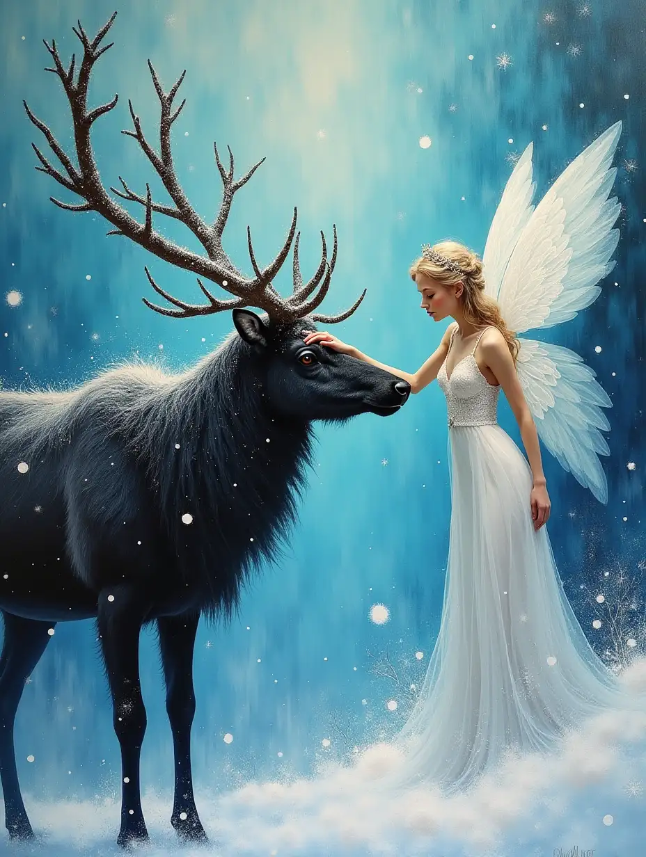 abstract surreal soot painting art : fairyangel petting the head of her ethereal WLOP pleased black reindeer Beneath The Snowy Veil, soot painting technique, enchanted winter scape, soot texture, herbal ink splatters, colorful, turquoise dreamy atmospheric, satin velvet shine, unique. White assent colors,