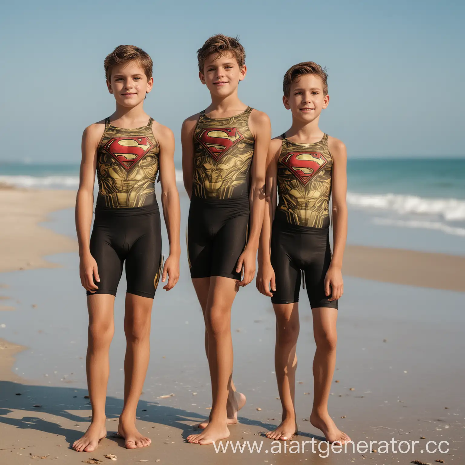 two 13-12 years old teenage boys wearing compression short black superman gold print barefoot public beach perfect face