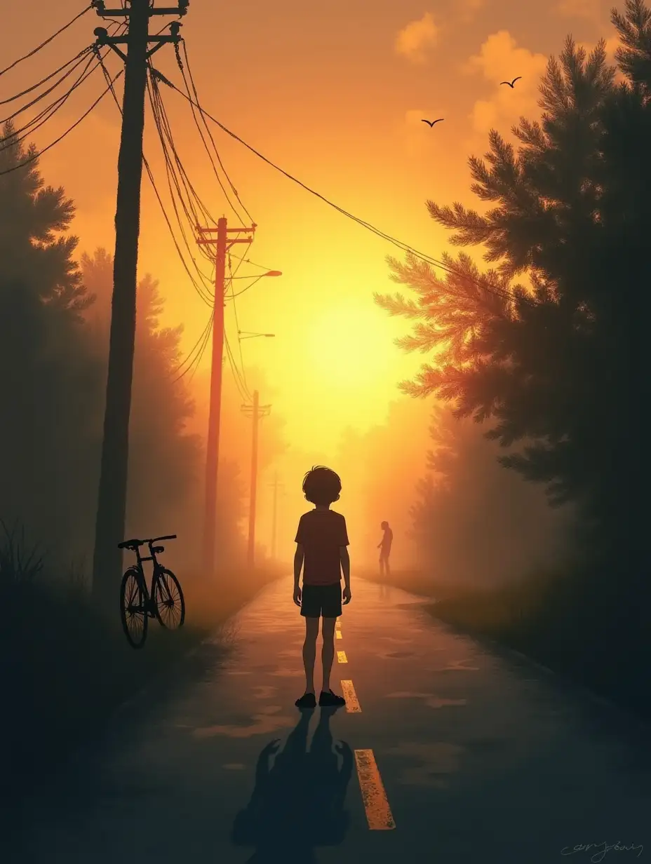 An emotionally evocative, cinematic illustration of a quiet, slightly misty road at dawn or dusk. On one side of the road, a young figure stands, silhouetted against a warm, golden-orange sky. The road stretches across the scene, with soft light reflecting off its surface. On the other side of the road, there's a mysterious or symbolic element — like an old bicycle leaning against a tree, a flickering streetlamp, or a blurred figure walking away. The mood should feel nostalgic, reflective, and a bit poetic. Style should be semi-realistic with soft brush strokes, slightly desaturated colors with warm highlights, and a storytelling feel — like a moment frozen in time.