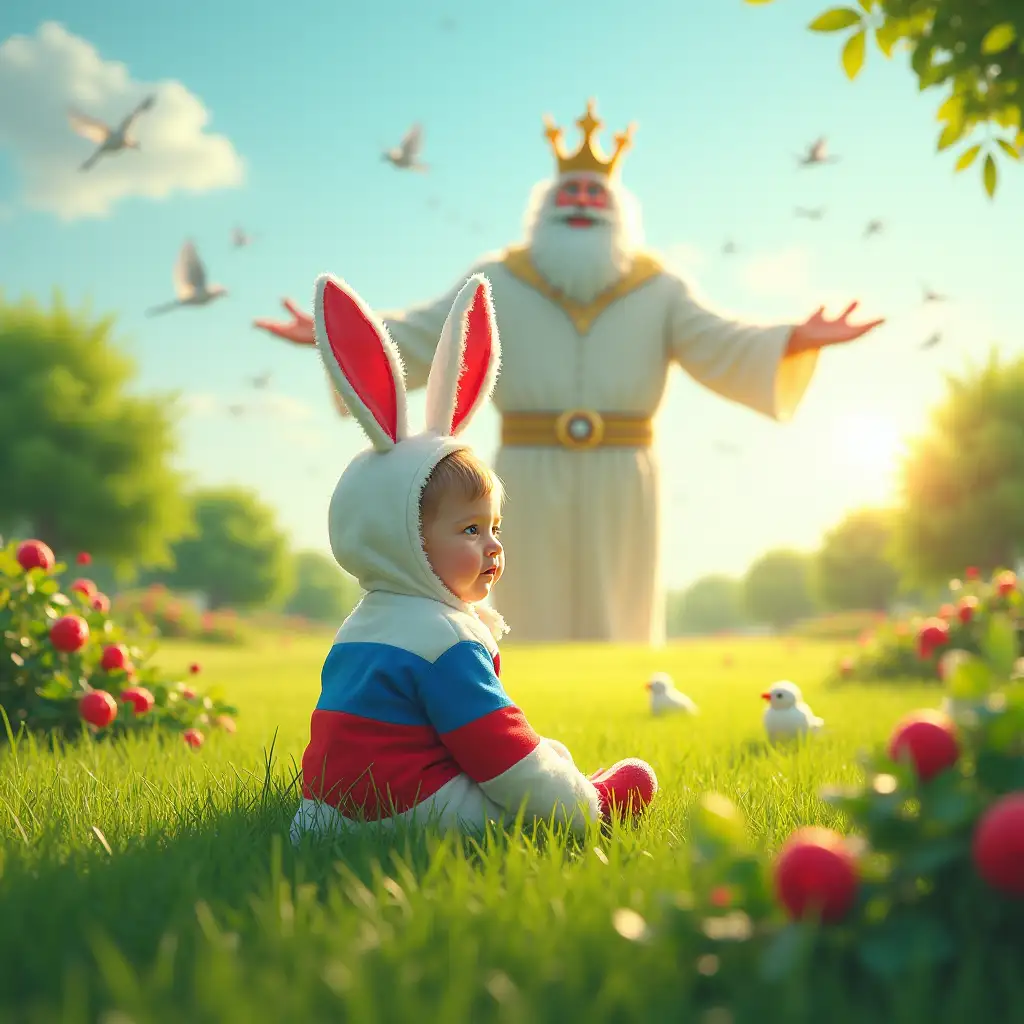 green meadow, grass, on the grass sits a little child in a bunny suit in the colors of the flag of Russia, around on the grass flowers, birds, sun, sky, bushes with apples, raspberries. In the background on the horizon, a giant Lord the size of the planet spreads his arms and as if embracing this meadow, smiling.