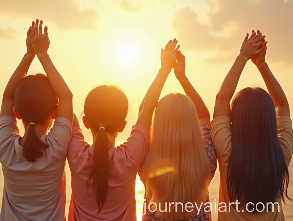 Group-of-Four-Girls-Gazing-at-the-Sun-with-Hands-Raised
