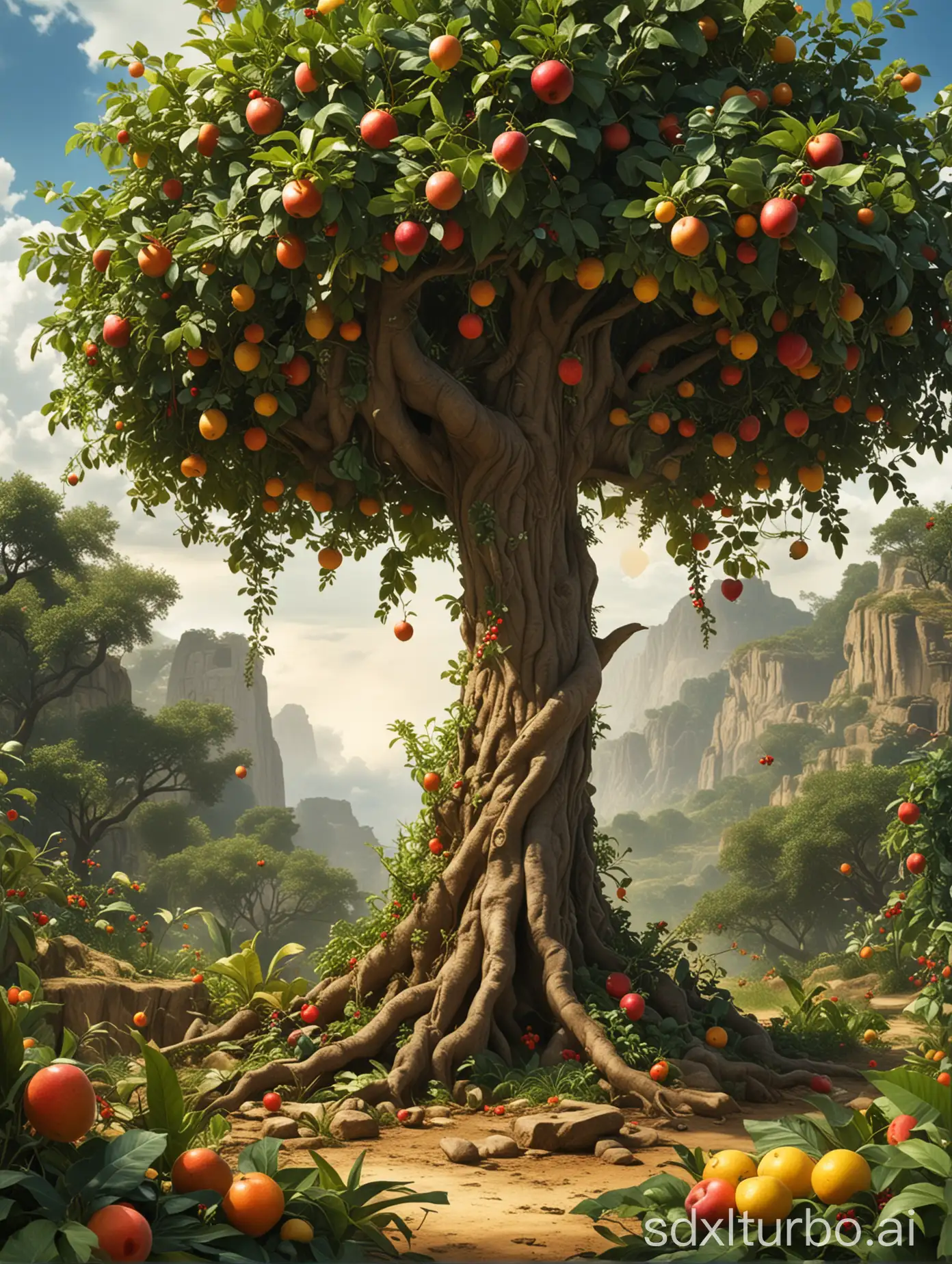 the Garden of Eden in the Bible, banner, scene, cartoon, a tree, a few fruits on the tree, no characters, and grass.