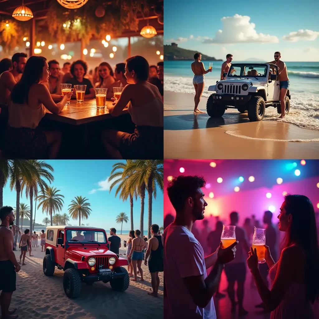 A Foursquare collage square One a group of people having fun at a pub square two a group of people having fun at the beach square 3 a group of people having fun in a jeep on the road square four a group of people having fun drinking in a dance club all good looking with the word caption'What A Weekend'