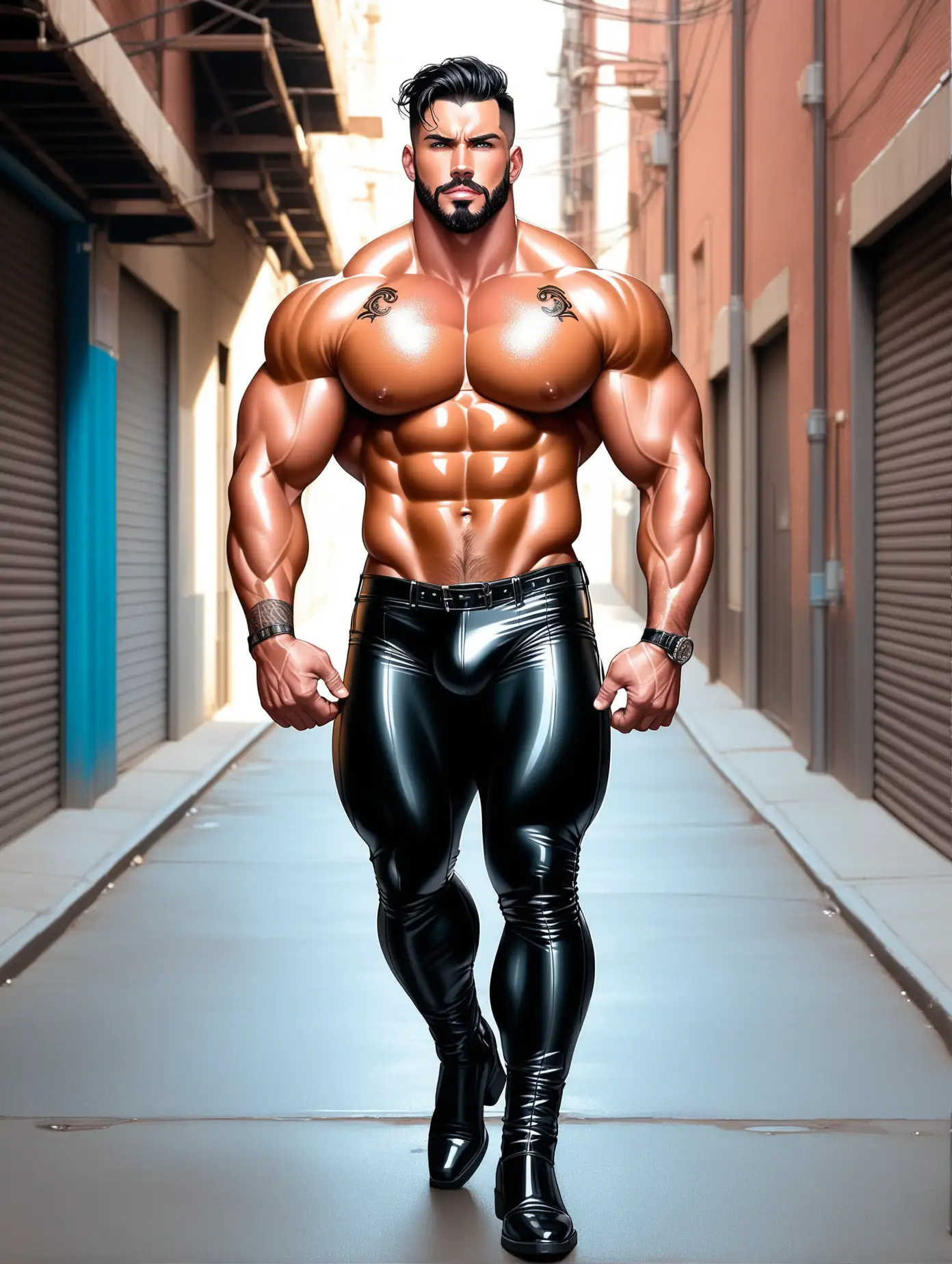 Muscular-Bodybuilder-in-Tight-Leather-Pants-Alley-Scene