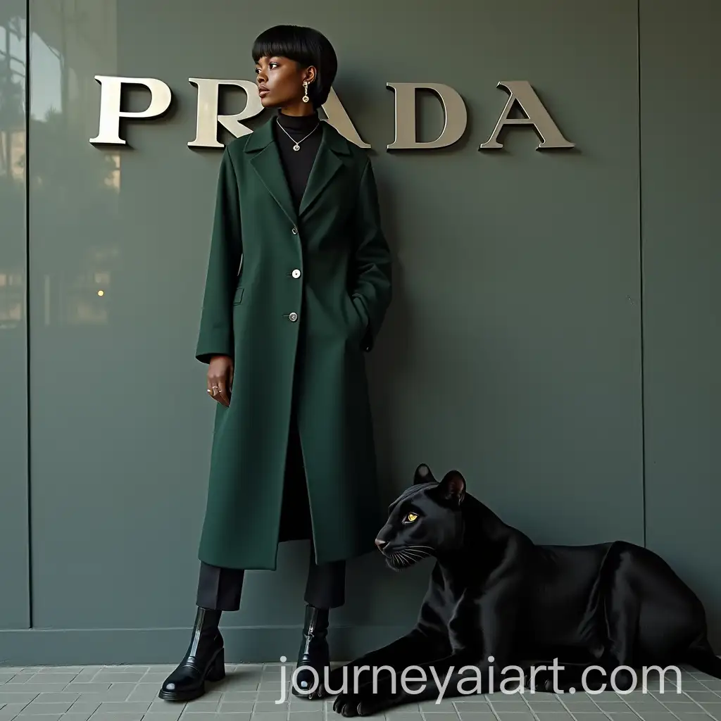 Black-Woman-in-Elegant-Green-Coat-with-PantherAI-Image-Prompt-Expansion-at-Prada-Logo
