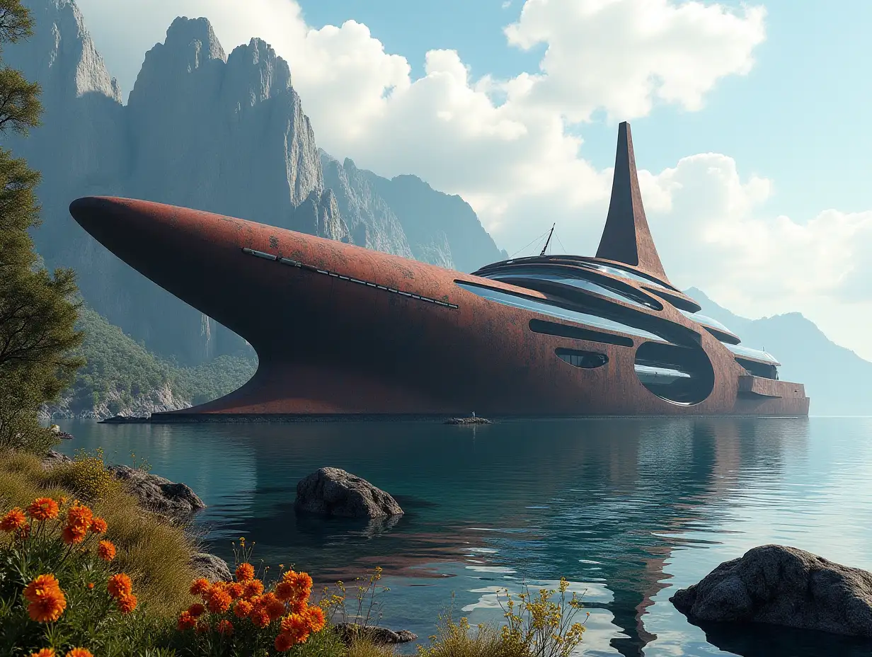 Create a high-resolution realistic image in 4k resolution a futuristic rusty building with black patterned design having curved pillars, mountains large trees, rocks flowers a futuristic very large yacht with glass deck cloudy sky