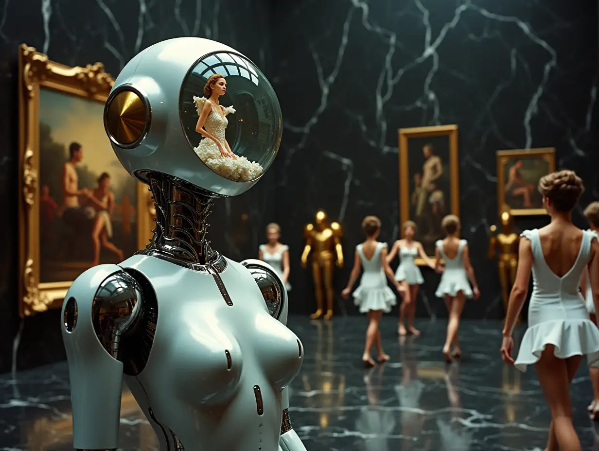 realistic image of a chrome metal robot with feminine curves with a glass globe head with miniature women inside, women in white futuristic dresses dancing, in a huge black marble room with several strange paintings, people in golden armor in the background, futuristic fantasy cinema 1960's, super panavision 70, dark retro colors