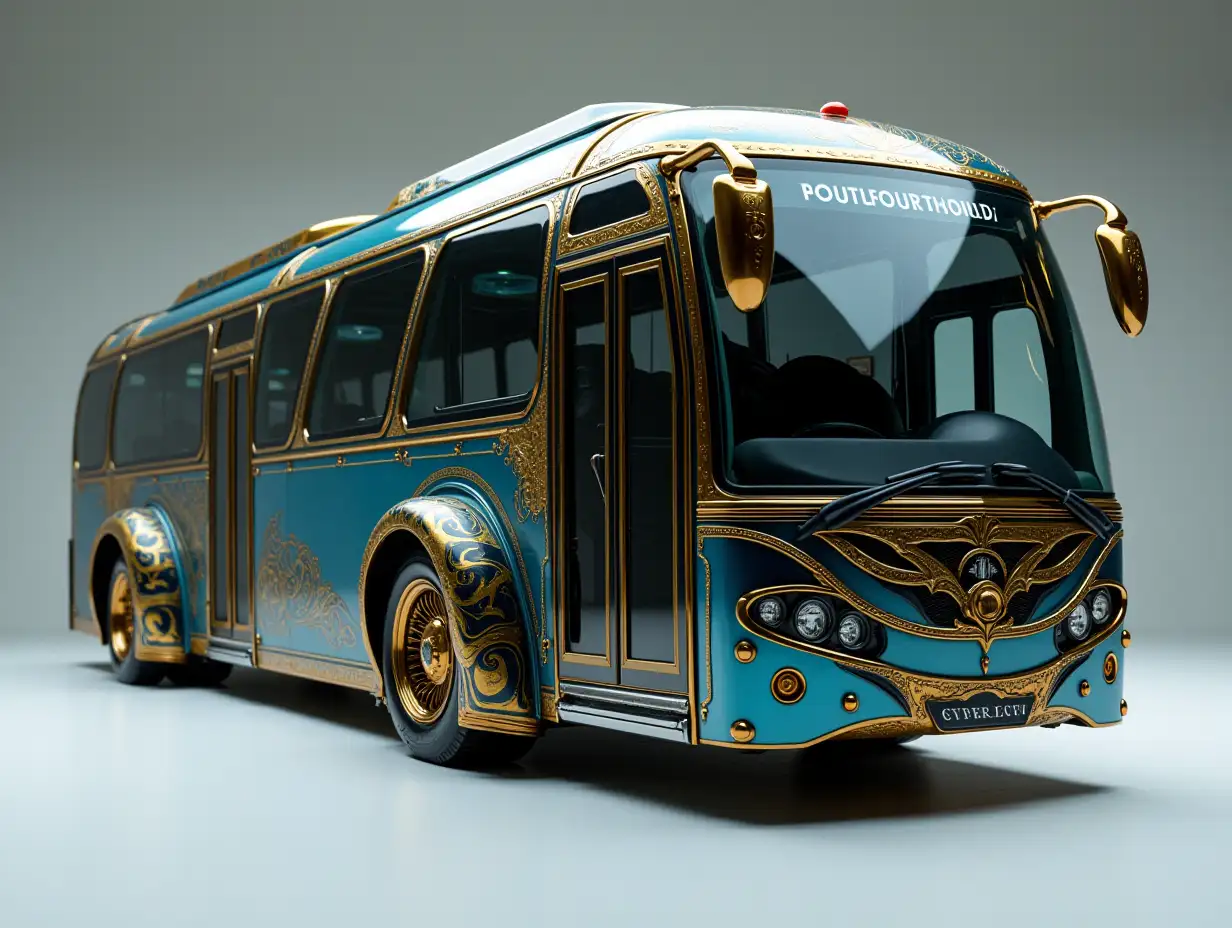 Supermoderne utopische Sportarten Omnibus with Gold and Black Blitzblue color with round ornaments, lowered bodywork, 18-inch rims, aluminum wheels, Cream Blue Gold, Cyberpunk.