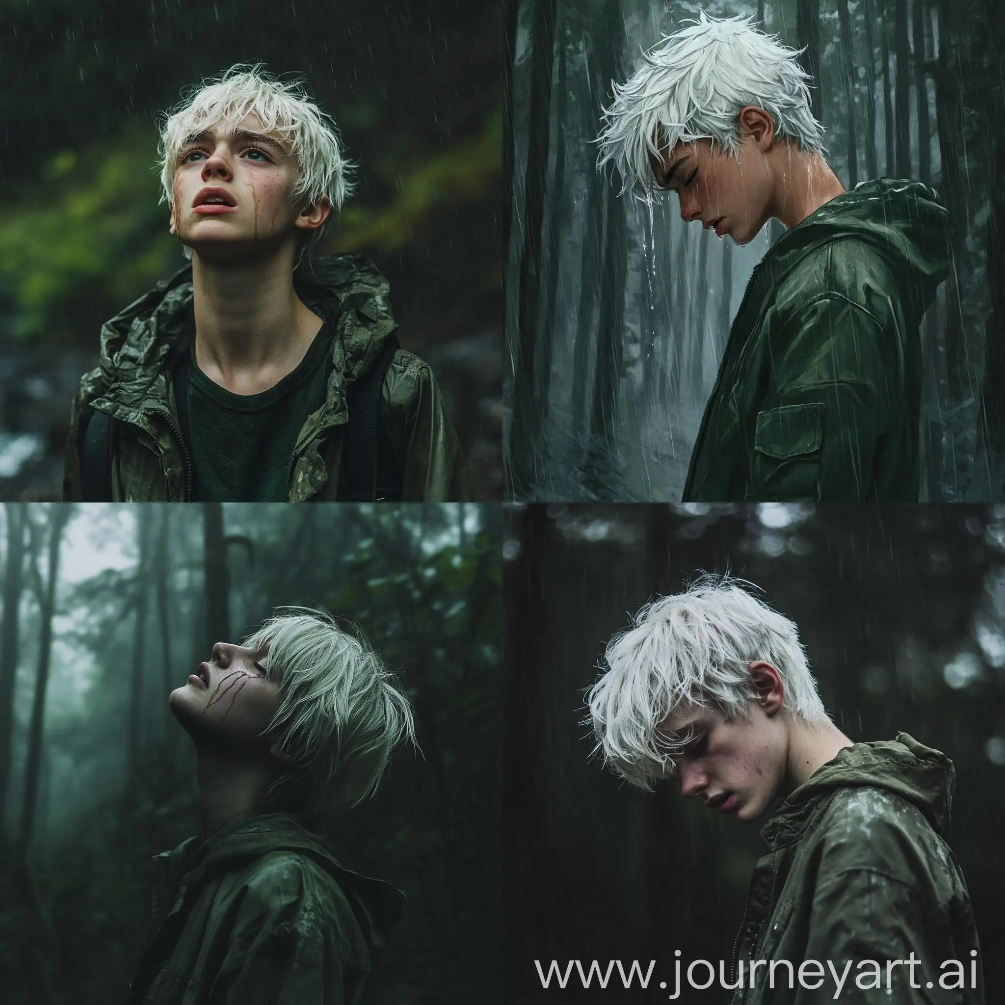 Teenager-Crying-in-Rainy-Forest