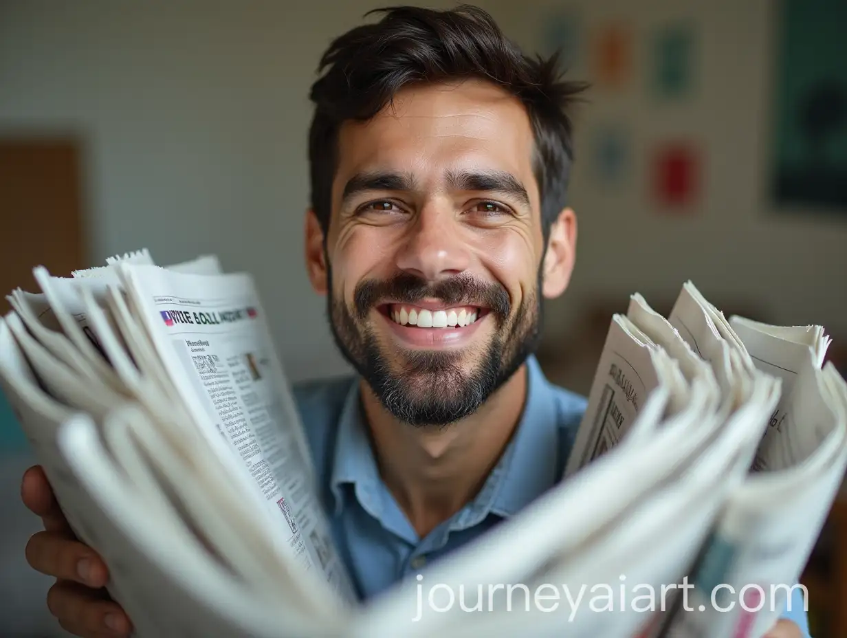 Joyful-Man-Embracing-a-Pile-of-Newspapers