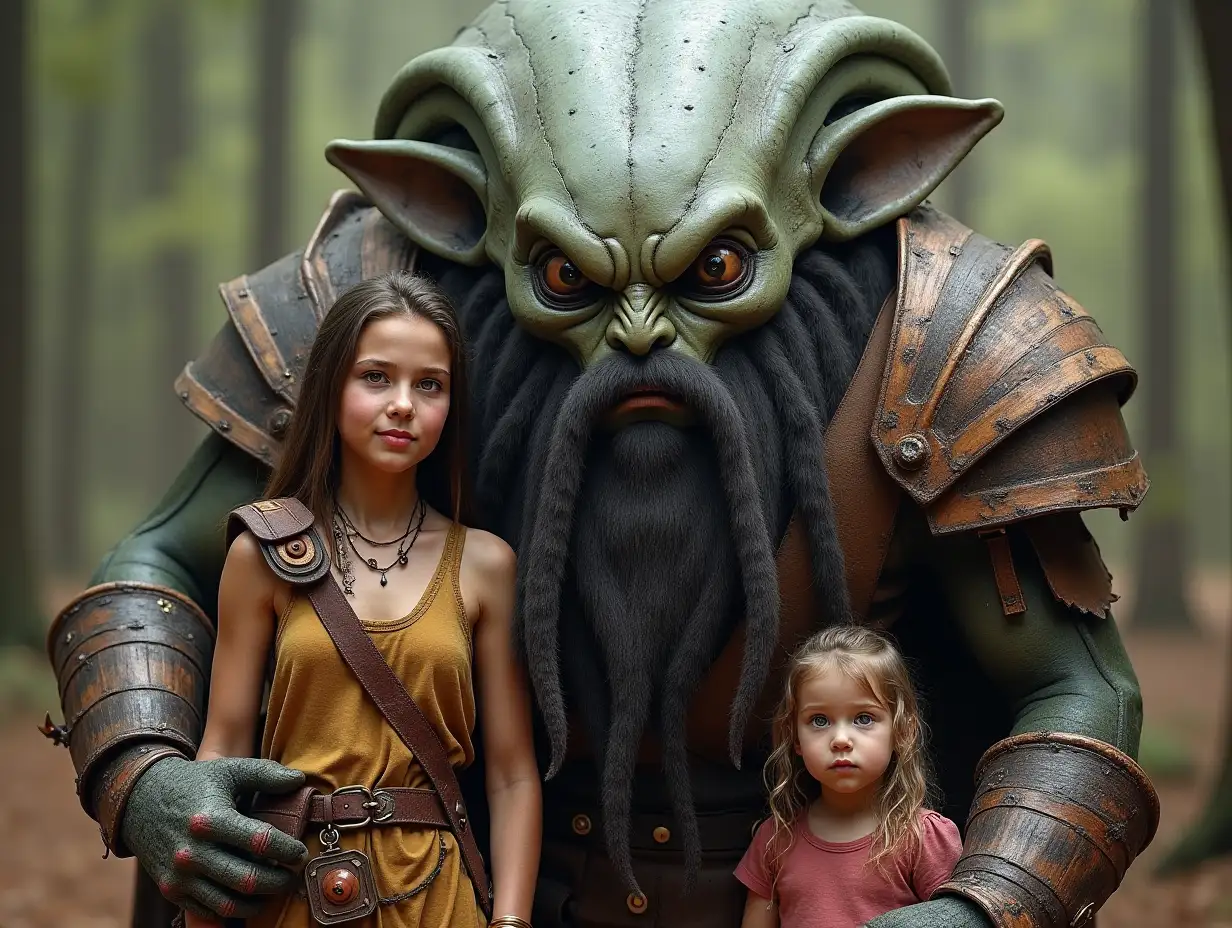 Ki-Fantasy family,Man,Woman, and Children, giant alien face with beard and with wooden armor equipment