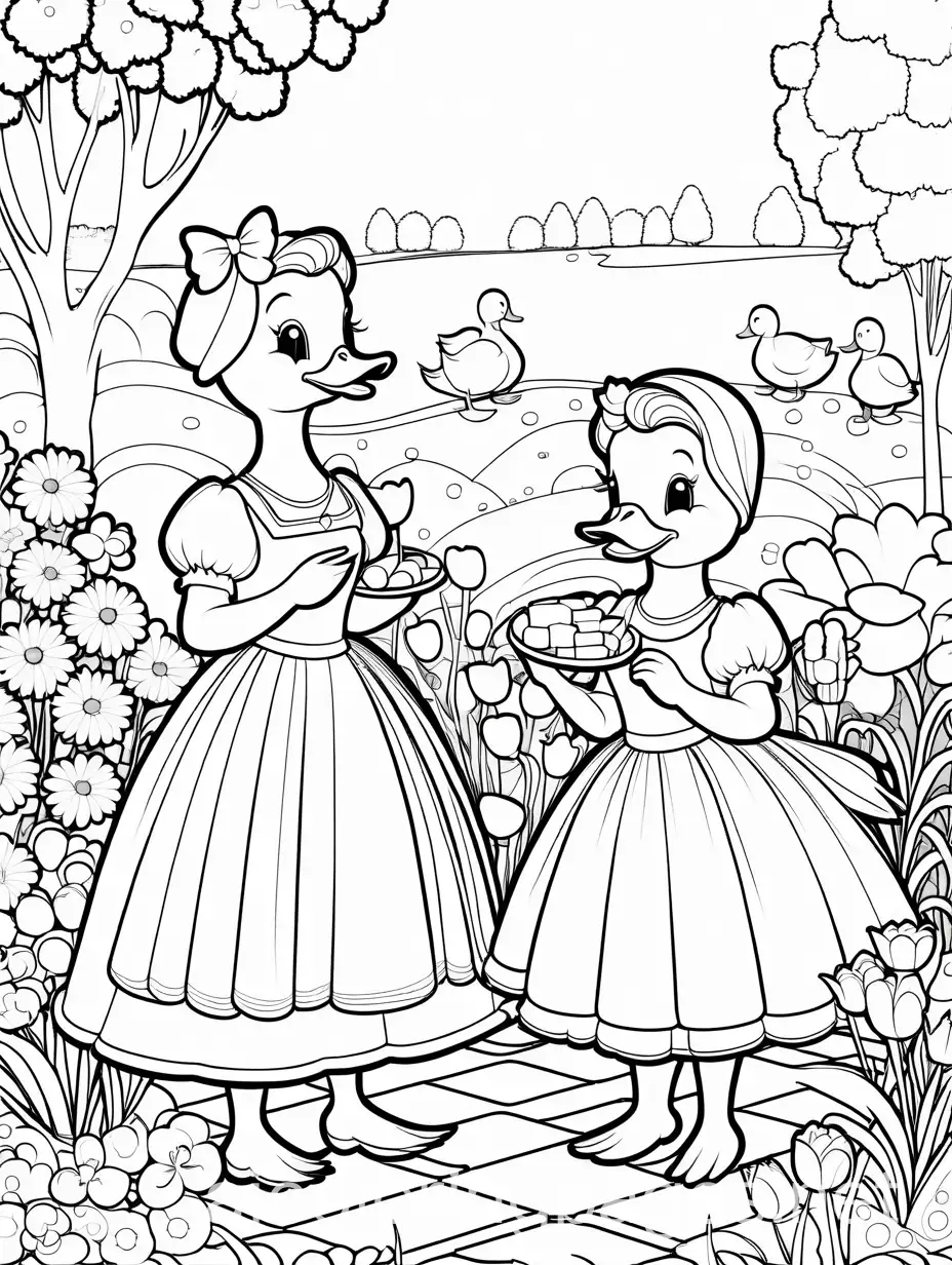 Ducks-in-Pretty-Dresses-Eating-Cheese-in-a-Flower-Garden-Coloring-Page