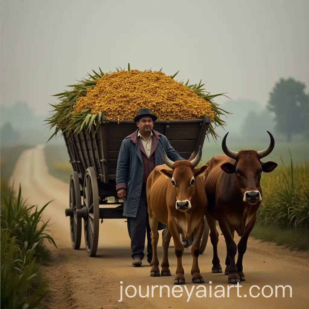 Romanian-Peasant-with-OxenDrawn-Wagon-Carrying-Corn-on-Dusty-Road