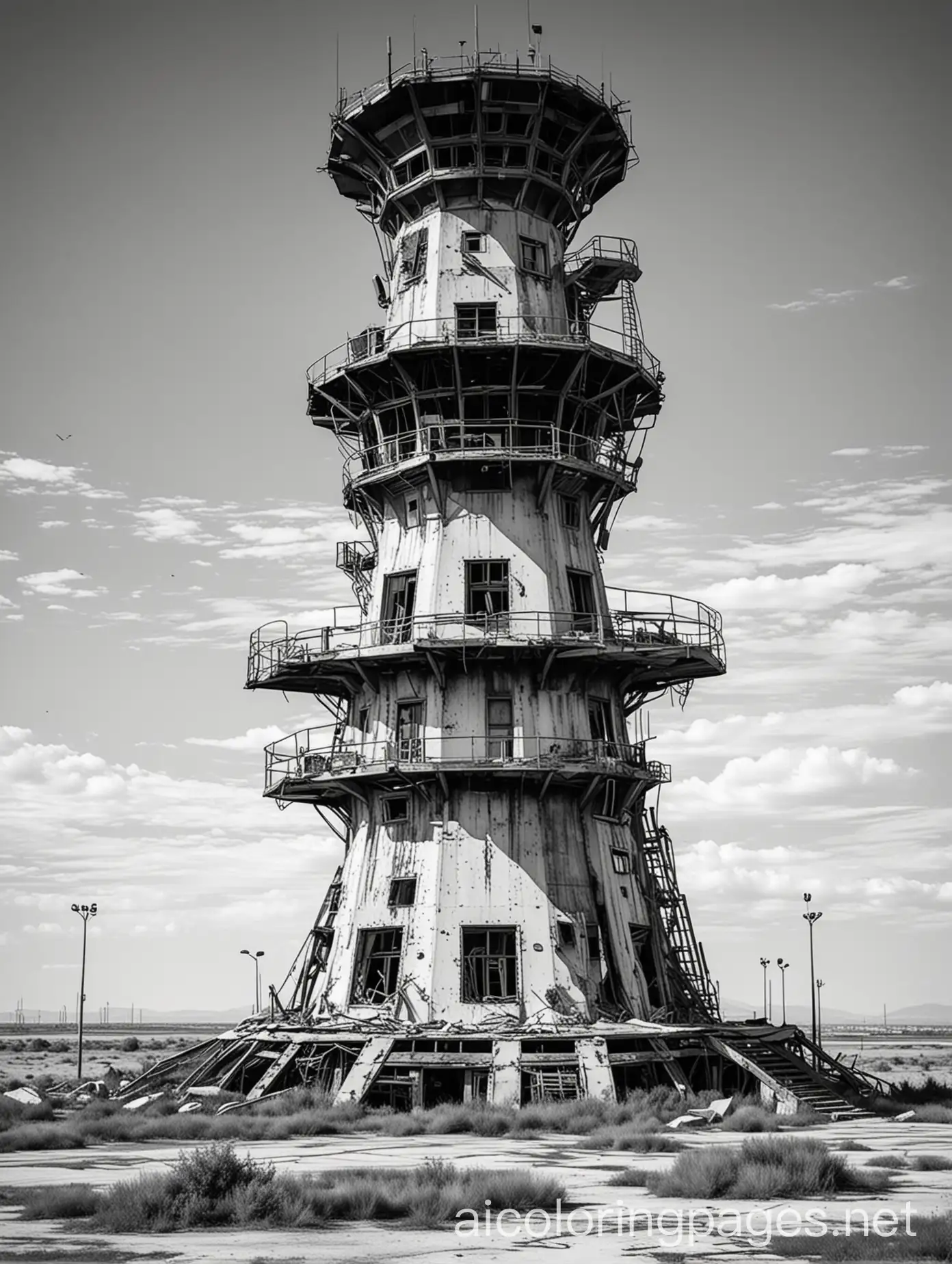 Ultra-Realistic-Post-Apocalyptic-Ruined-Abandoned-Airport-Control-Tower-Coloring-Page