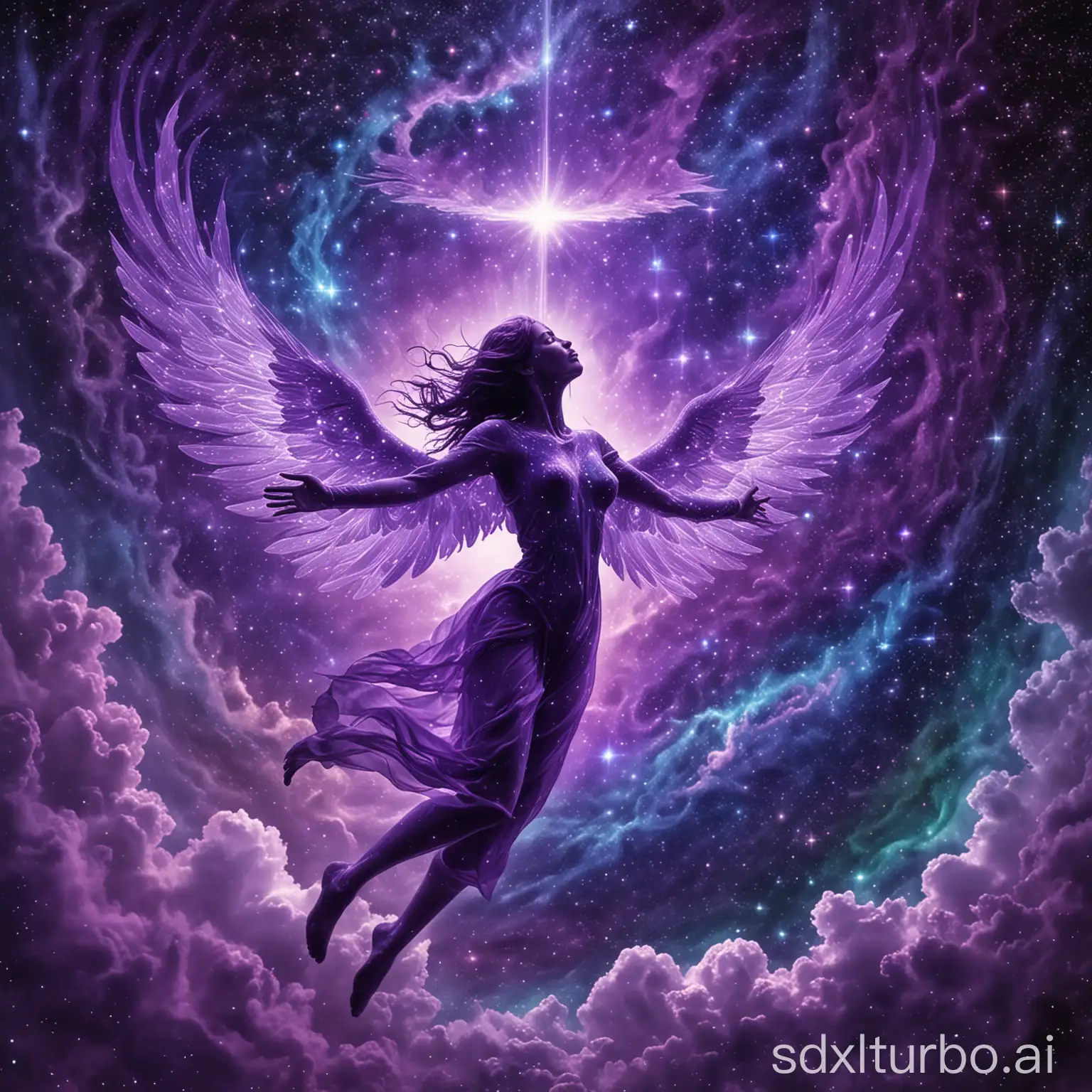 The human soul is flying through the cosmos. Which mystically shines in purple, blue and green tints.