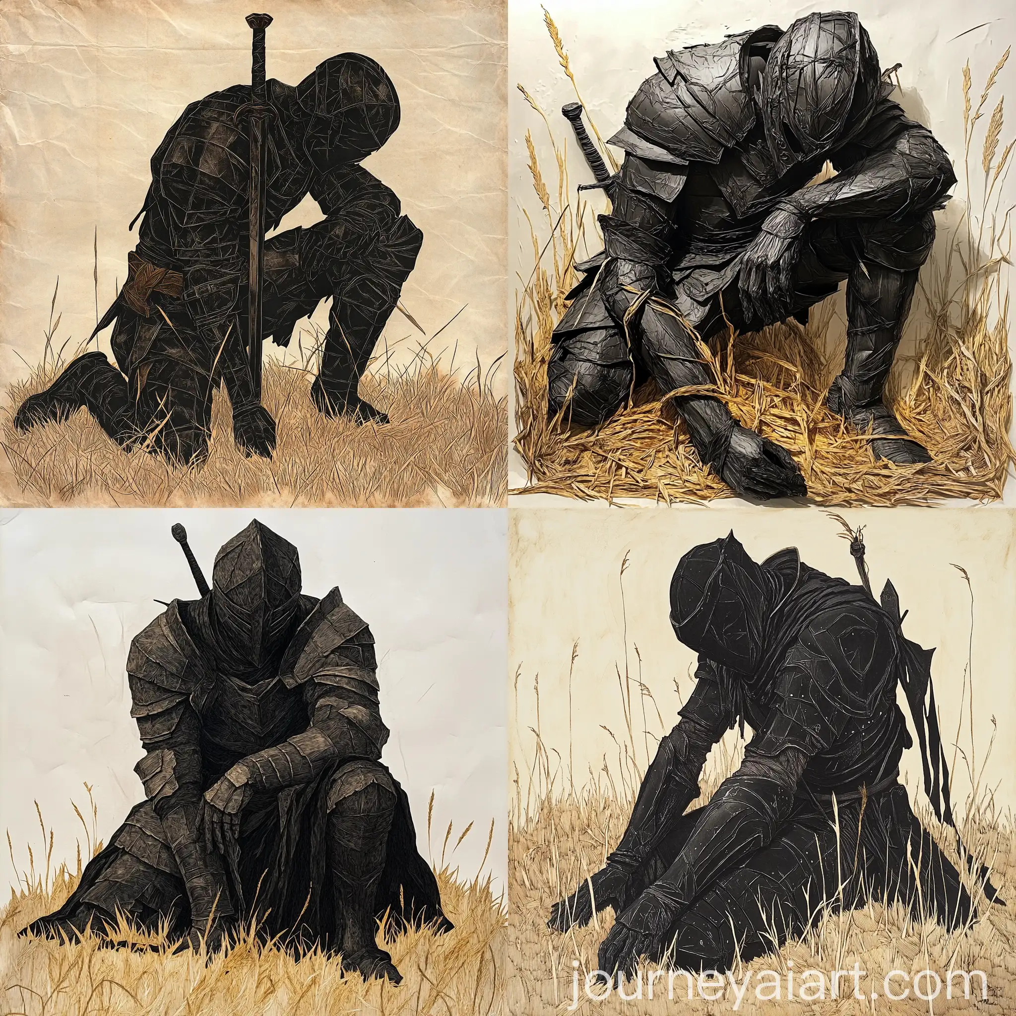 Knight-in-Black-Armor-Kneeling-in-Defeat-on-Dry-Grass