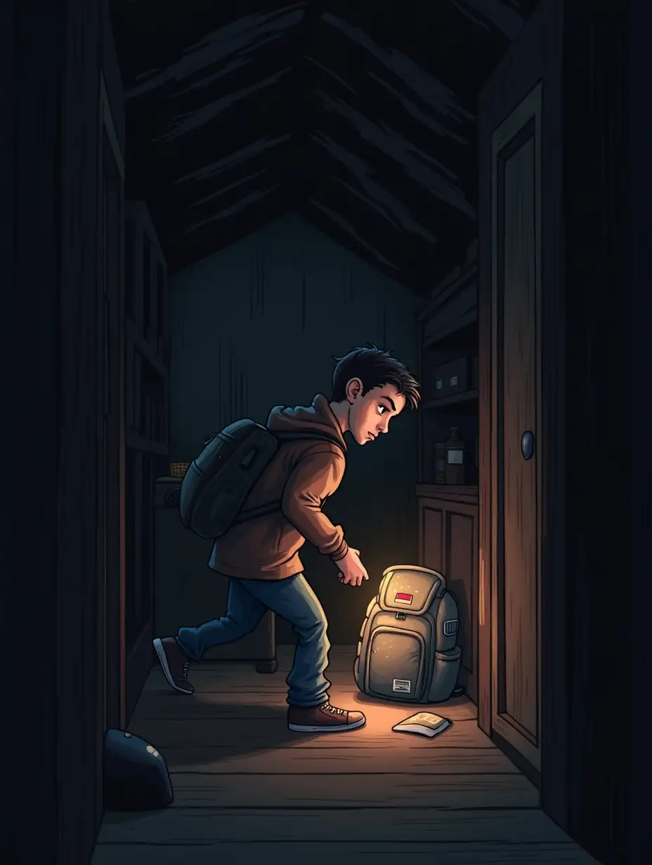 Max rummaging through his attic, discovering an old, mysterious backpack with a glowing aura.